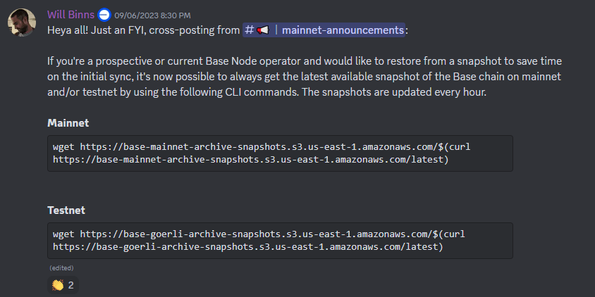 Message 2 trên Discord thông báo bản Snapshot cho Base blockchain
