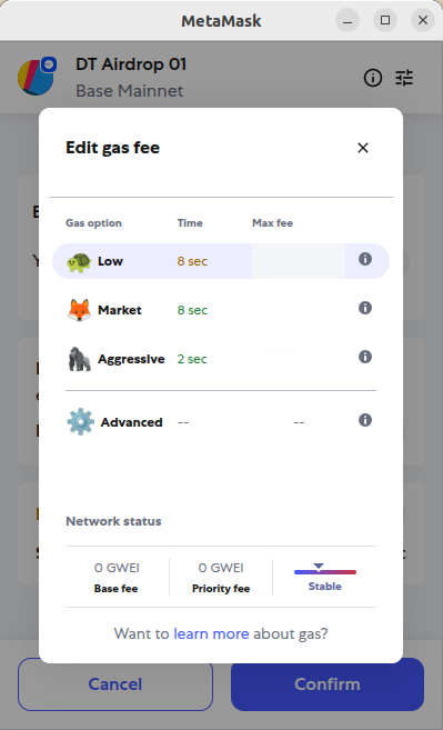 Chọn mức phí gas Low trên metamask