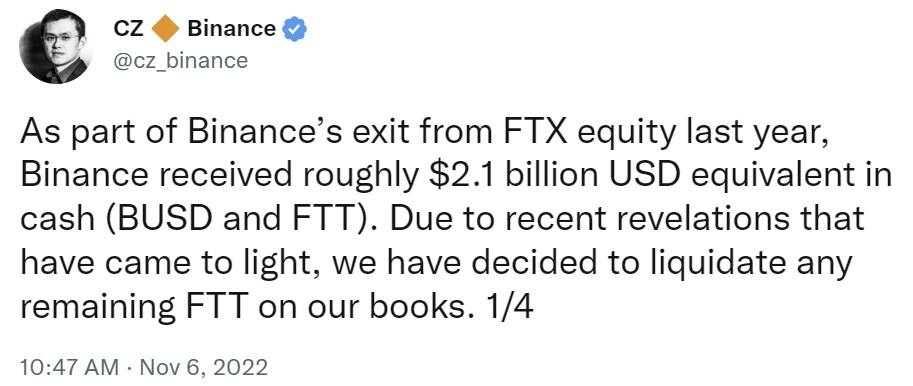 CZ đăng tweet nói sẽ xả $FTT