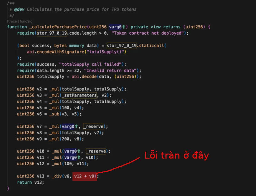 Đoạn code gây tràn số trong công thức tính giá của Truebit