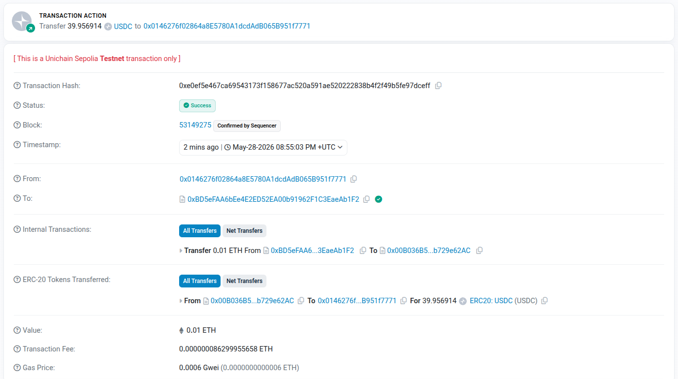 Hoán đổi thành công 0.01 ETH để lấy 39.956914 USDC.