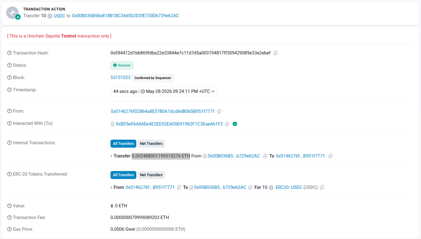 Hoán đổi 10 USDC để đổi lấy 0.002488001199515276 ETH