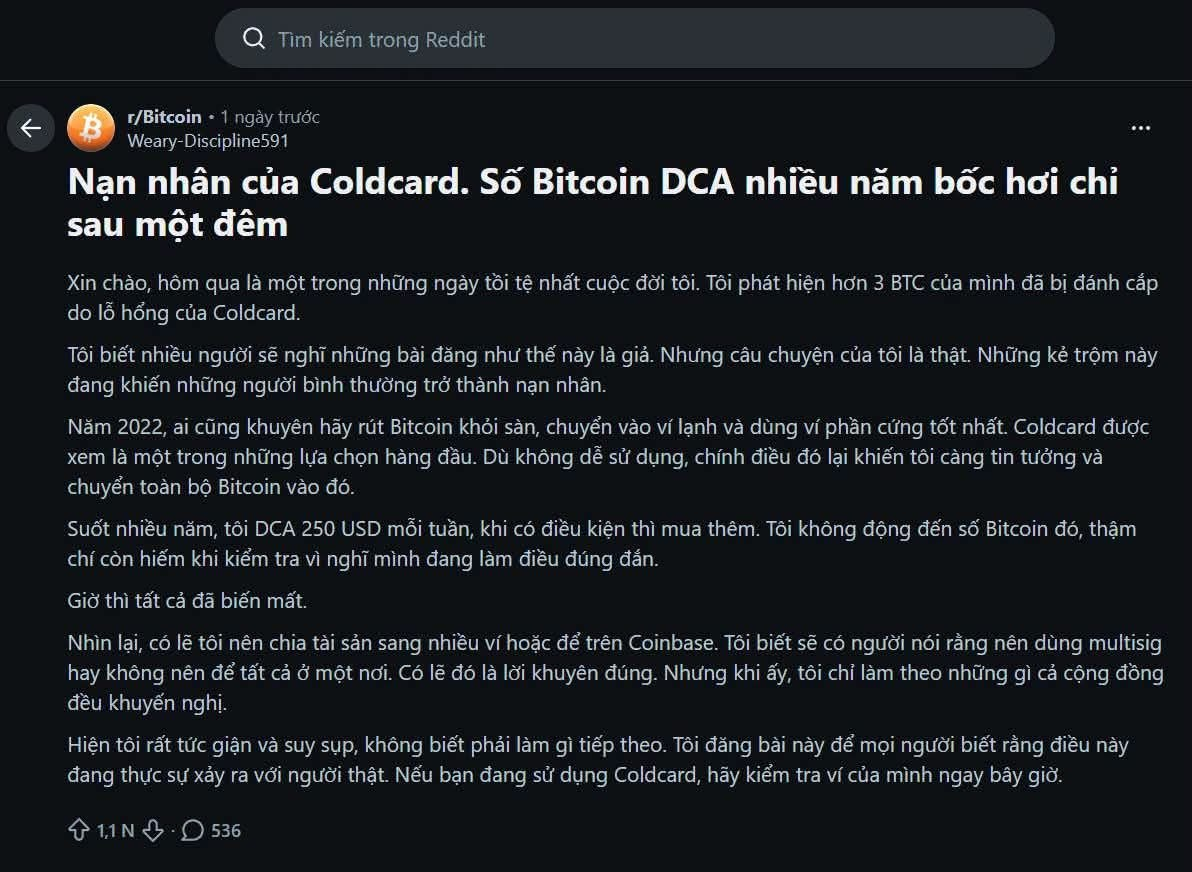 Một người mất toàn bộ số Bitcoin tích lũy sau nhiều năm vì Coldcard